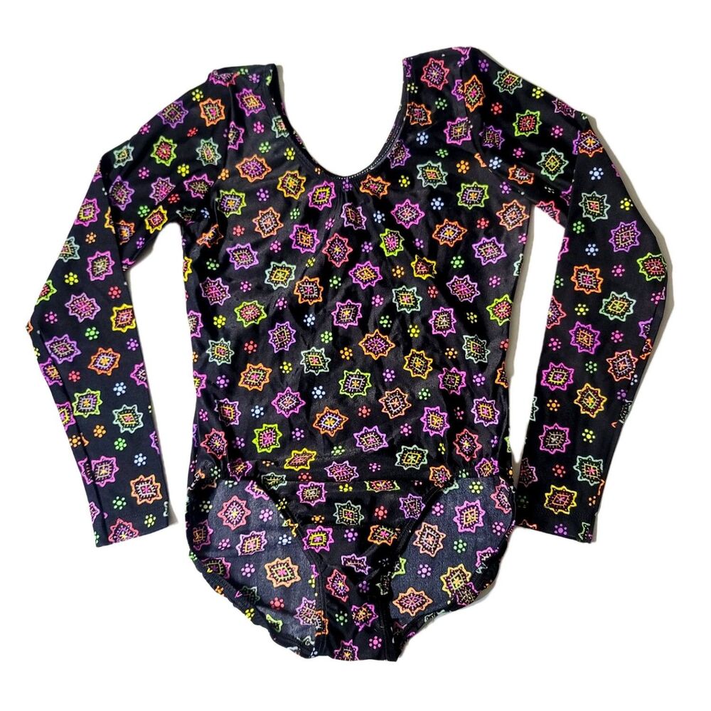 GK Elite AL Scoop Neck Leotard VTG Long Sleeve Adult L Neon Black Geometric NWT